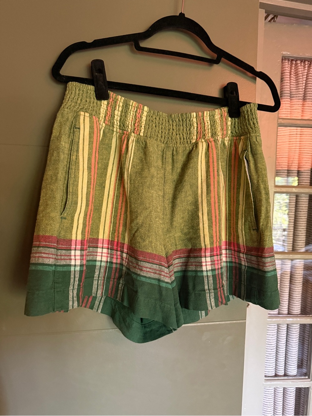 Pilcro (Anthropologie) Green Striped Elastic-Waist Shorts - Picture 1 of 4